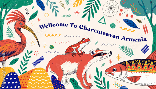 Welcome To Charentsavan Armenia - Whimsical Wildlife & Nature Illustration with Armenian Animals