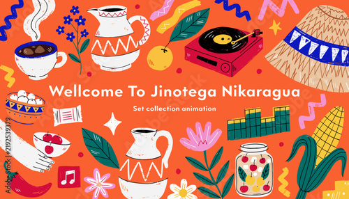 Welcome to Jinotega, Nicaragua - Colorful Folk Art Collection with Cultural Elements and Coffee