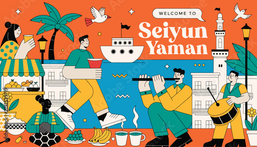 Welcome to Seiyun Yaman, vibrant illustration of people enjoying traditional food and music