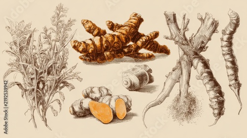 Collection of turmeric illustrations showing root clusters, sliced turmeric, and powdered spice rendered with fine line engraving technique
