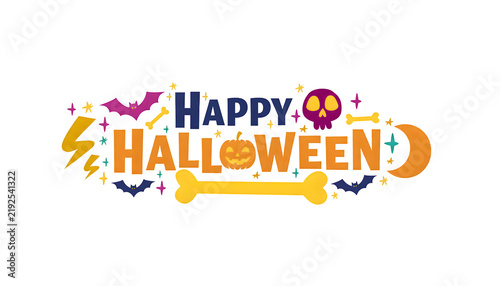 Happy Halloween Text Banner. A vector card for autumn holidays featuring cool lettering and magical elements. This vector illustration is perfect for prints on t-shirts, bags, posters, and postcards.
