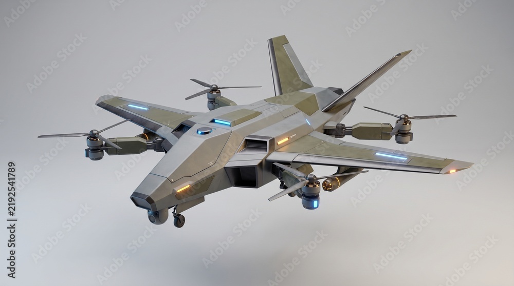 Fototapeta premium Camouflaged military drone aircraft in mid-flight against neutral studio background with copy space