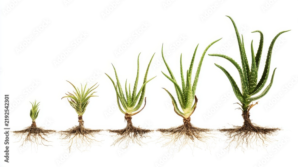 Obraz premium Collection of aloe vera plant designs highlighting various stages with roots, stems, and fleshy leaves arranged neatly