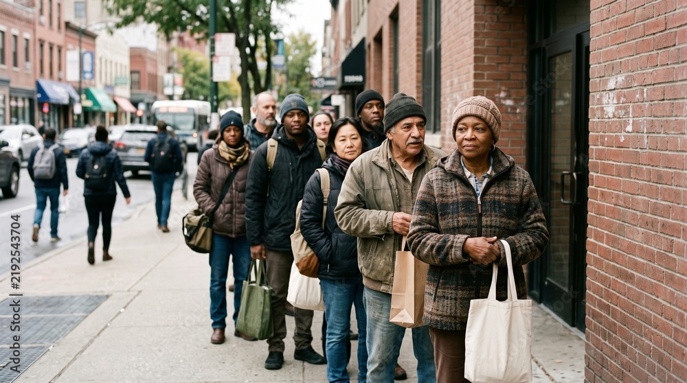 Obraz premium Diverse group of people waiting in line on a city street.