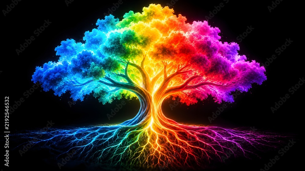 Obraz premium Majestic glowing tree of life with colorful rainbow leaves and shining neon roots in dark background representing nature energy ecology and spiritual growth.