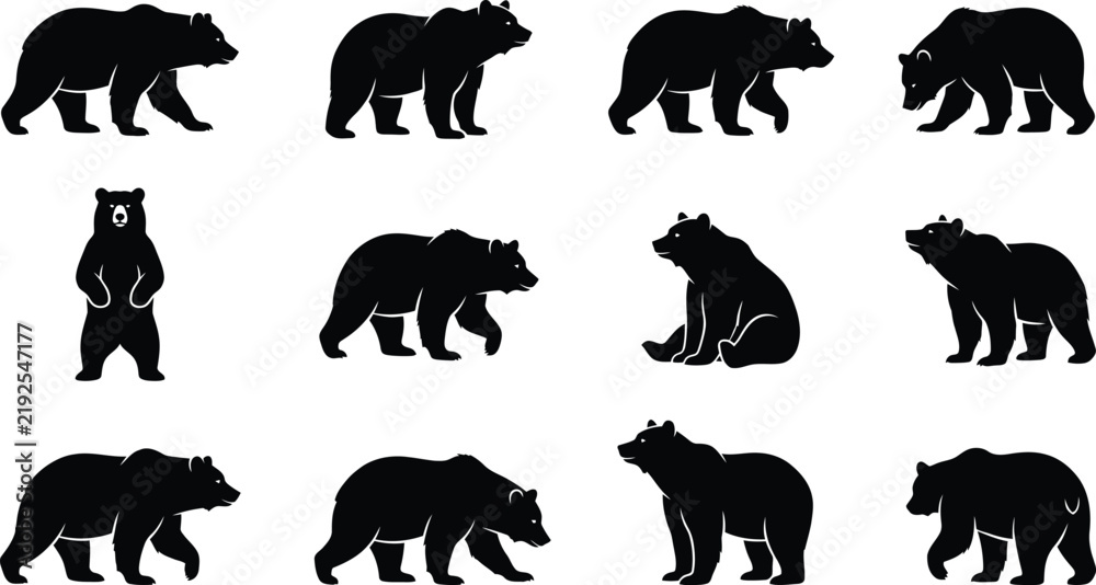 Fototapeta premium A diverse collection of black bear silhouettes shown in a variety of dynamic poses on a plain white backdrop ideal for design