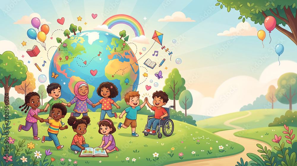 Fototapeta premium World Children’s Day Celebration with Diverse Children in Colourful 2D Cartoon Illustration