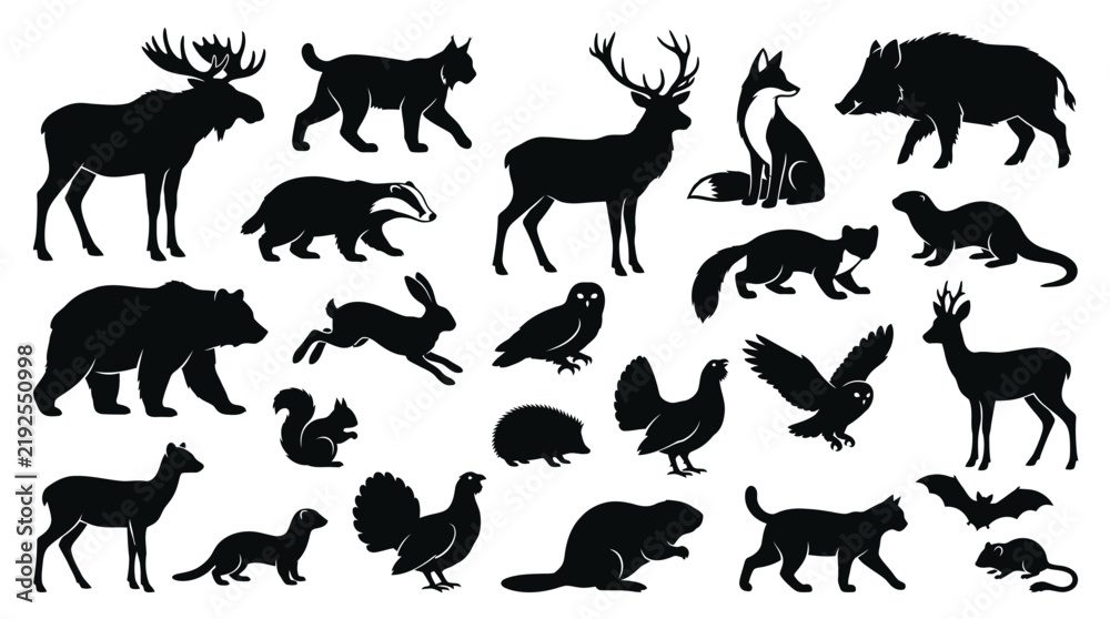 Obraz premium Collection of black woodland animal silhouettes isolated on a white background including moose, bear, fox, deer, owl, and badger for wildlife graphic design and nature projects.
