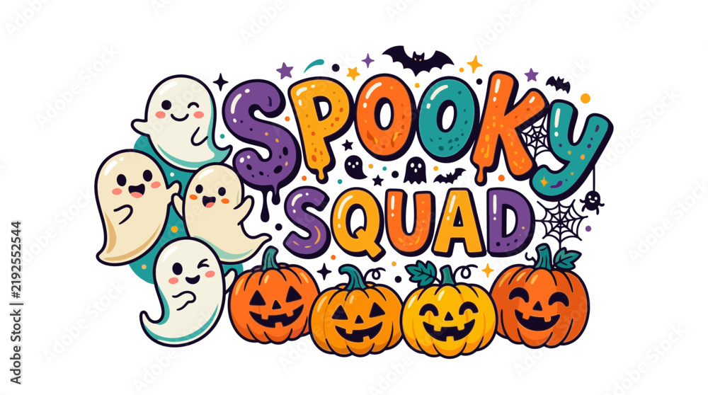 Fototapeta premium Spooky Squad Halloween Typography with Cute Ghosts and Pumpkins
