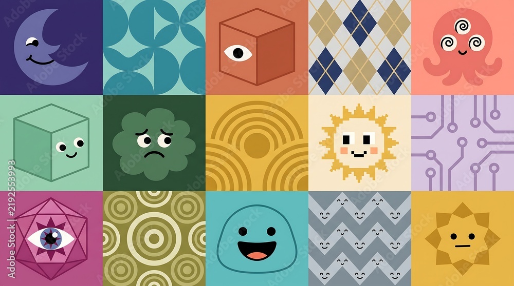Geometric patterns and cute character tiles arranged in a grid.