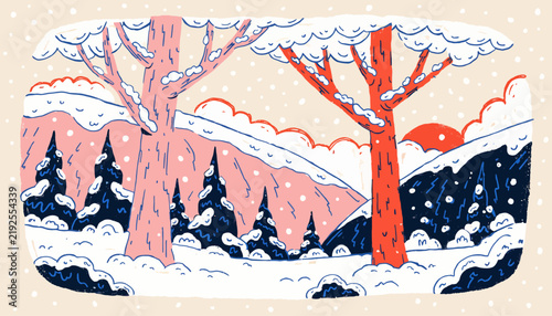 Whimsical Winter Landscape Illustration with Snow-Covered Trees and Mountains, Pastel Colors, Cozy Atmosphere