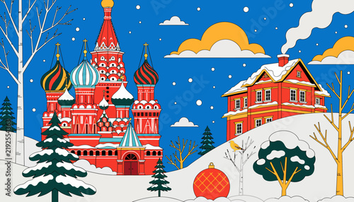 Winter Moscow cityscape with Saint Basil's Cathedral and traditional Russian house, snowy landscape, festive illustration