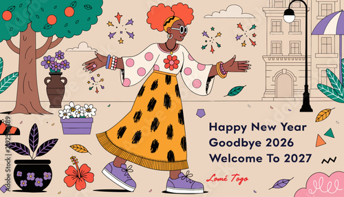 Woman Celebrating New Year 2027 With Festive Decorations and Cityscape Background