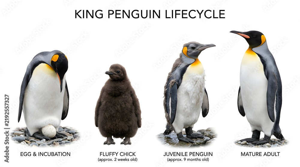 Obraz premium King penguin lifecycle, showing the stages from egg to mature adult. The image depicts four distinct phases: egg & incubation, fluffy chick, juvenile penguin, and mature adult.
