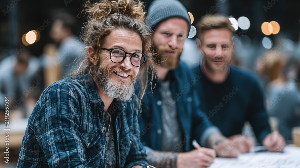 Fototapeta premium Three diverse men collaborate indoors, one smiling at camera. Blurry background shows others
