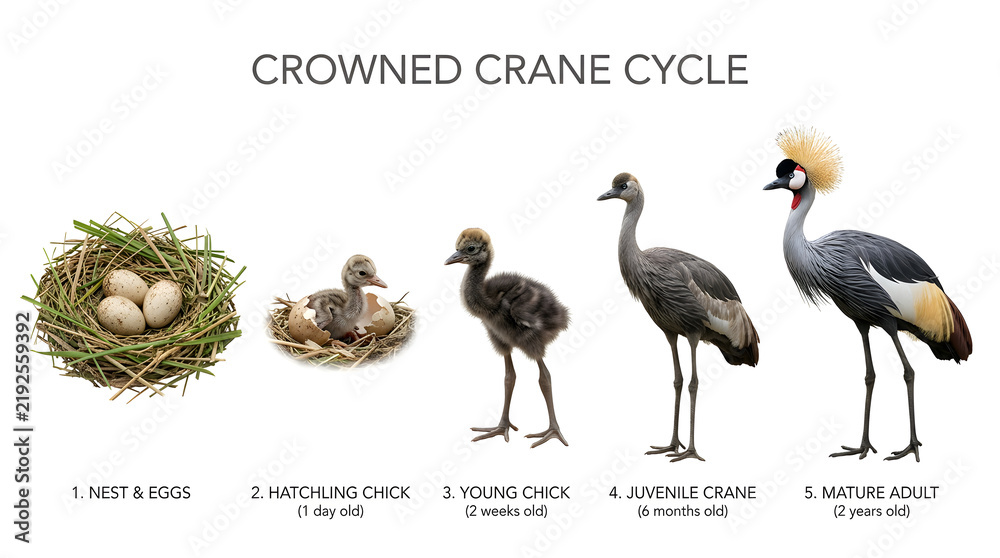 Obraz premium Life cycle of a crowned crane from egg to mature adult, showing different stages of development