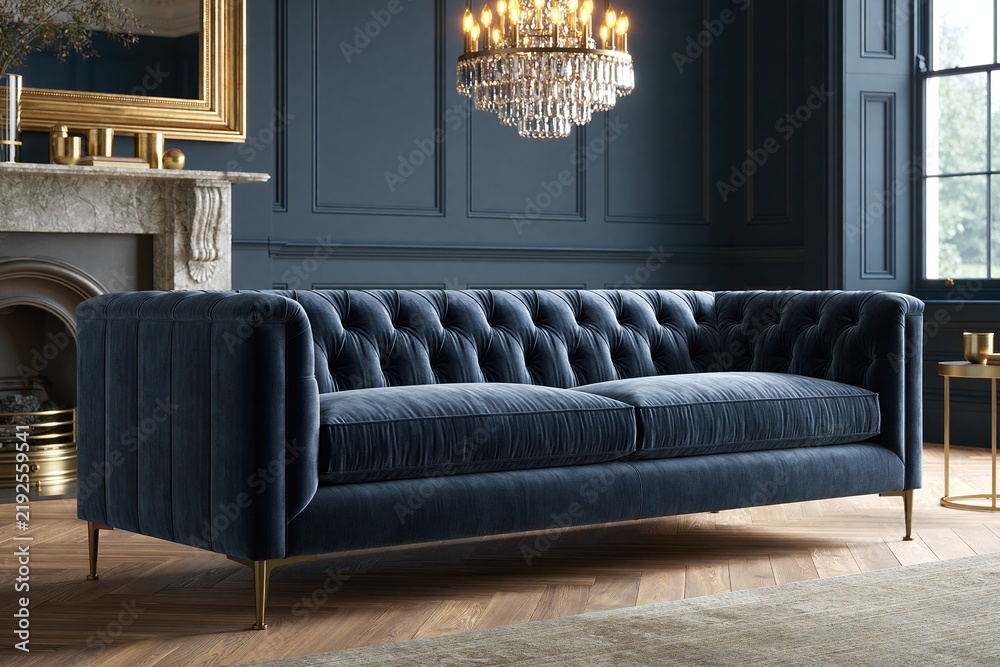 Obraz premium Blue velvet sofa in elegant living room interior