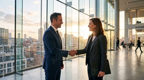 Business professionals shaking hands in a modern office lobby with city view at sunset