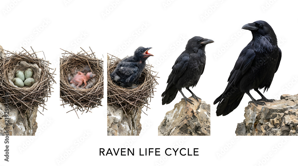Fototapeta premium Raven life cycle illustration showing egg, hatchling, young bird, and adult raven