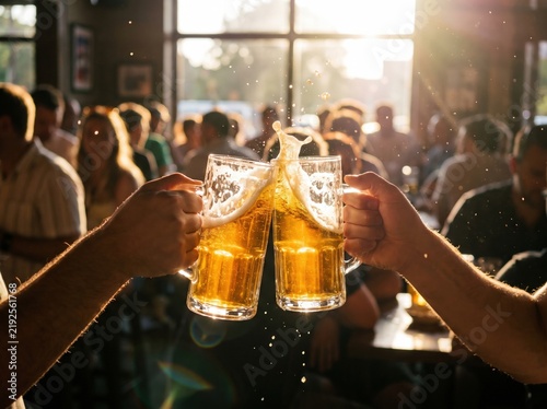 Friends clinking beer glasses with splashes, celebrating good times at a festive bar.