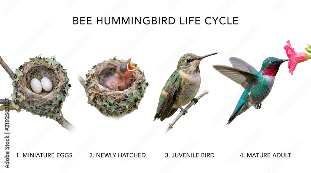Obraz premium Bee hummingbird life cycle stages with eggs, newly hatched, juvenile bird, and mature adult with flower