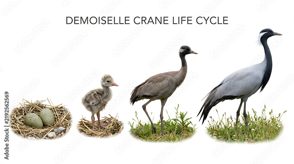 Obraz premium Demoiselle crane life cycle illustration, showing four stages from egg to adult crane