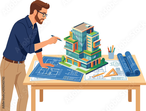 Professional architect working on modern 3D building model with blueprints at desk vector illustration