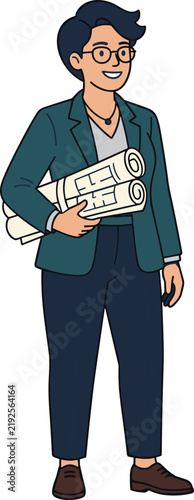 Smiling female architect holding rolled blueprints in professional business attire vector illustration