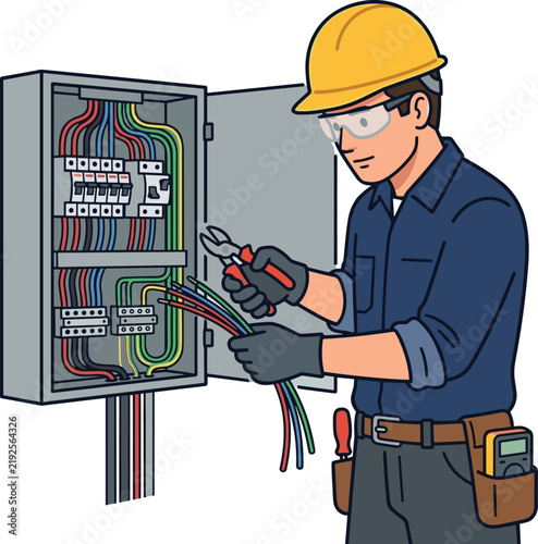 Professional electrician repairing electrical circuit breaker panel using wire cutters vector illustration for maintenance service