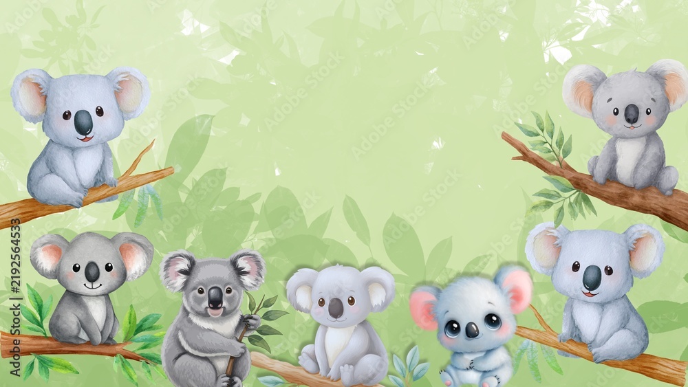 Obraz premium Cute baby koalas sitting on tree branches with green leaf background