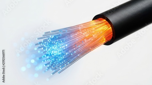 Fiber optic cable strands glowing with blue and orange light