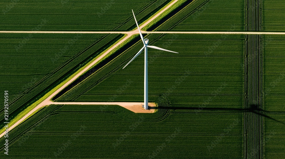 Fototapeta premium Aerial view of wind turbine on green farmland
