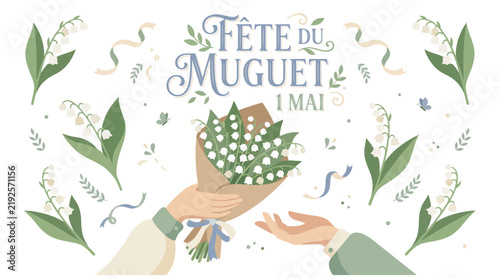 Fete du Muguet vintage background with hands giving lily of the valley bouquet