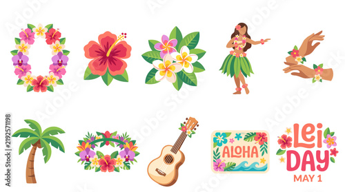 Lei Day in Hawaii elements set with hibiscus flowers, hula dancer and ukulele