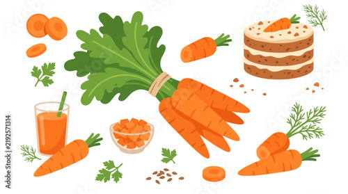 Carrot set with fresh root vegetables, juice, cake and sliced pieces