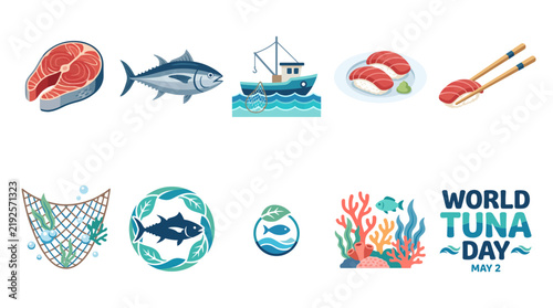 World Tuna Day elements set with fishing boat, fresh fish and sushi