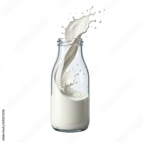 A dynamic glass bottle of milk in mid-splash with realistic fluid motion and perfect clarity