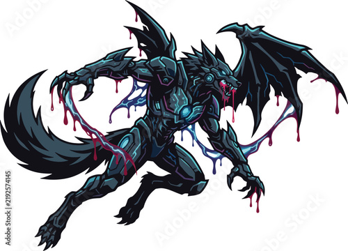Cybernetic Werewolf Mascot with Wings and Blood Vector Illustration
