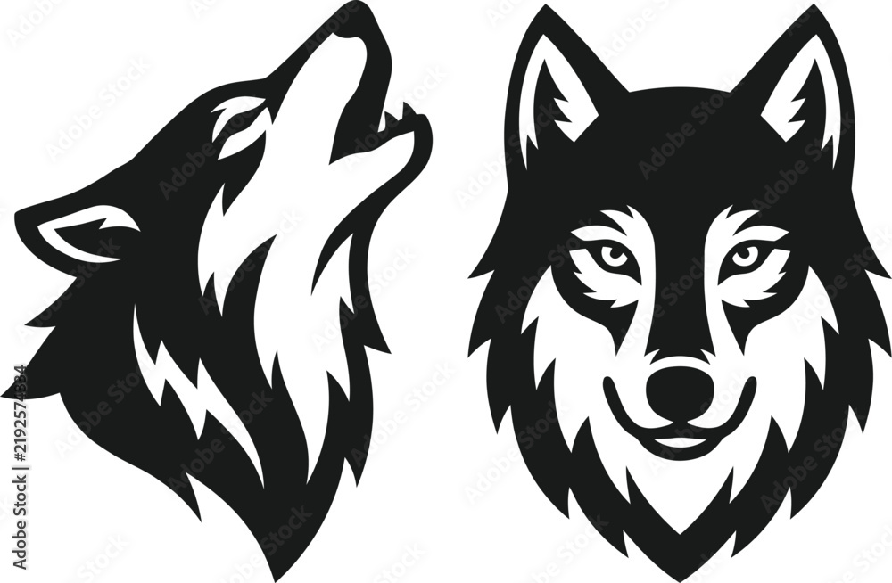 Obraz premium Wolf head mascot vector set, howling wolf silhouette and front view portrait, black and white predator animal icons for sports team branding