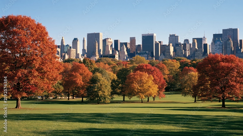 Obraz premium Autumn park landscape with city skyline background