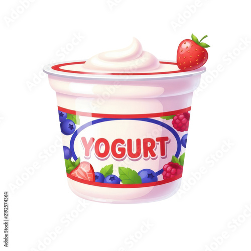 A vibrant, glossy plastic cup of creamy pink yogurt topped with a fresh strawberry and surrounded by colorful berries like blueberries, raspberries, and blackberries on a clean white background