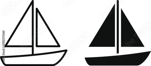 Minimalist sailboat icon set, black outline and solid silhouette sailing boat vectors, nautical travel and maritime transport symbols