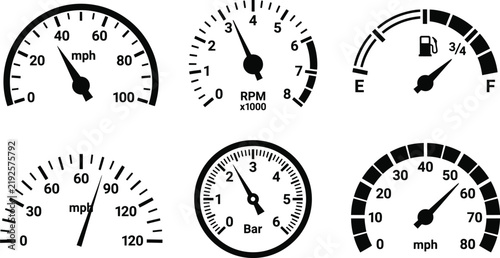 Bild auf Leinwand Automotive dashboard gauges set, black and white speedometer and tachometer icon