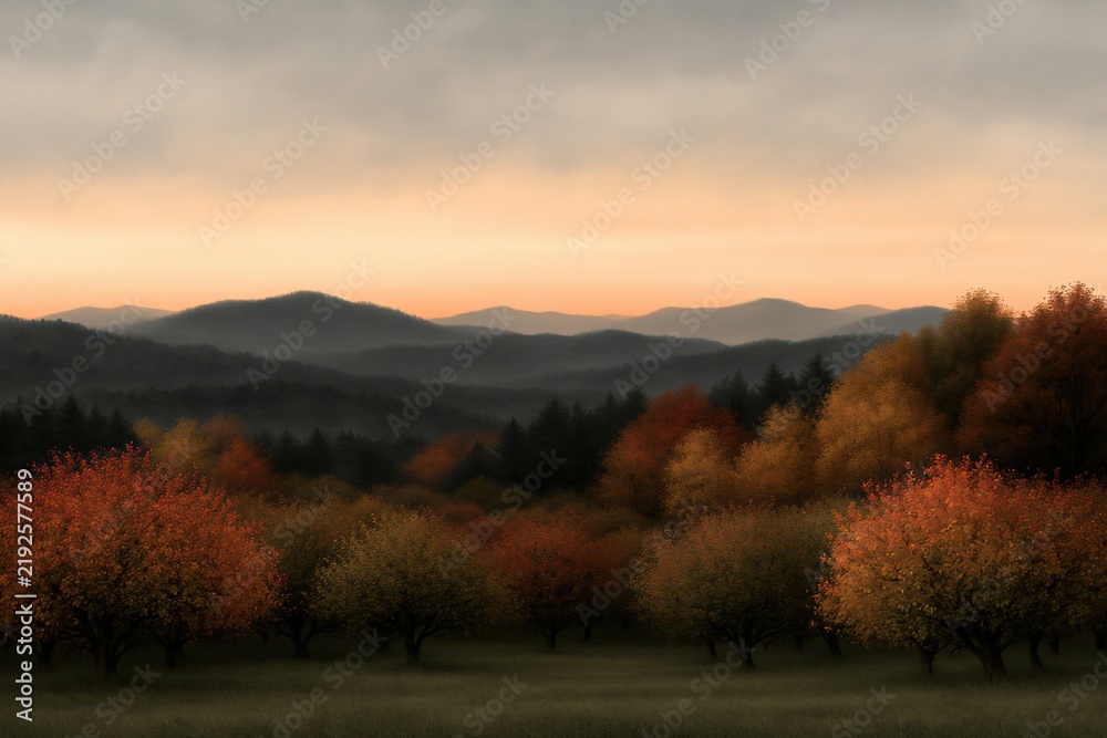 Fototapeta premium Mindful Autumn Nature Escape, Mindful Autumn Landscape for Seasonal Wellness and Peaceful Nature , Misty Seasonal Slow Living
