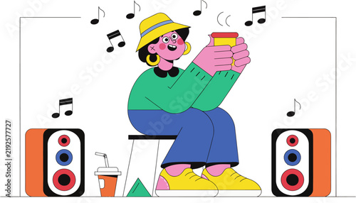 Woman enjoying music and coffee