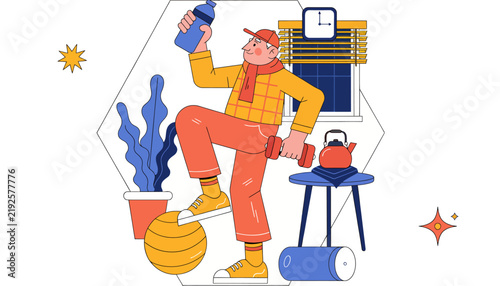 worker with tools and kettle on stool, repairing window air conditioner