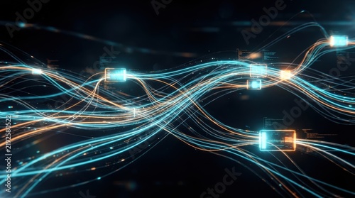 Abstract digital data flow with glowing light streaks and nodes