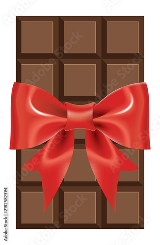 Illustration of Chocolate Bar. Chocolate Bar with Red Ribbon Bow Illustration. Chocolate Bar Illustration. Chocolate Bar Isolated on White Background. Elements for design.