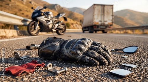 Motorcycle Crash Debris and Protective Glove on Mountain Highway