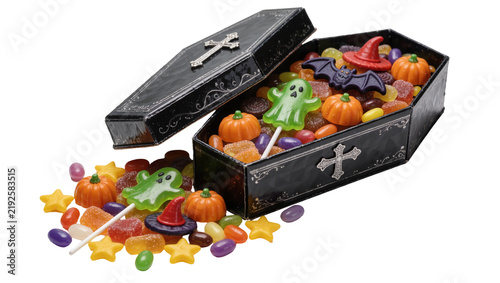 Картината върху платно Black coffin overflowing with Halloween candies and lollipops, isolated on trans